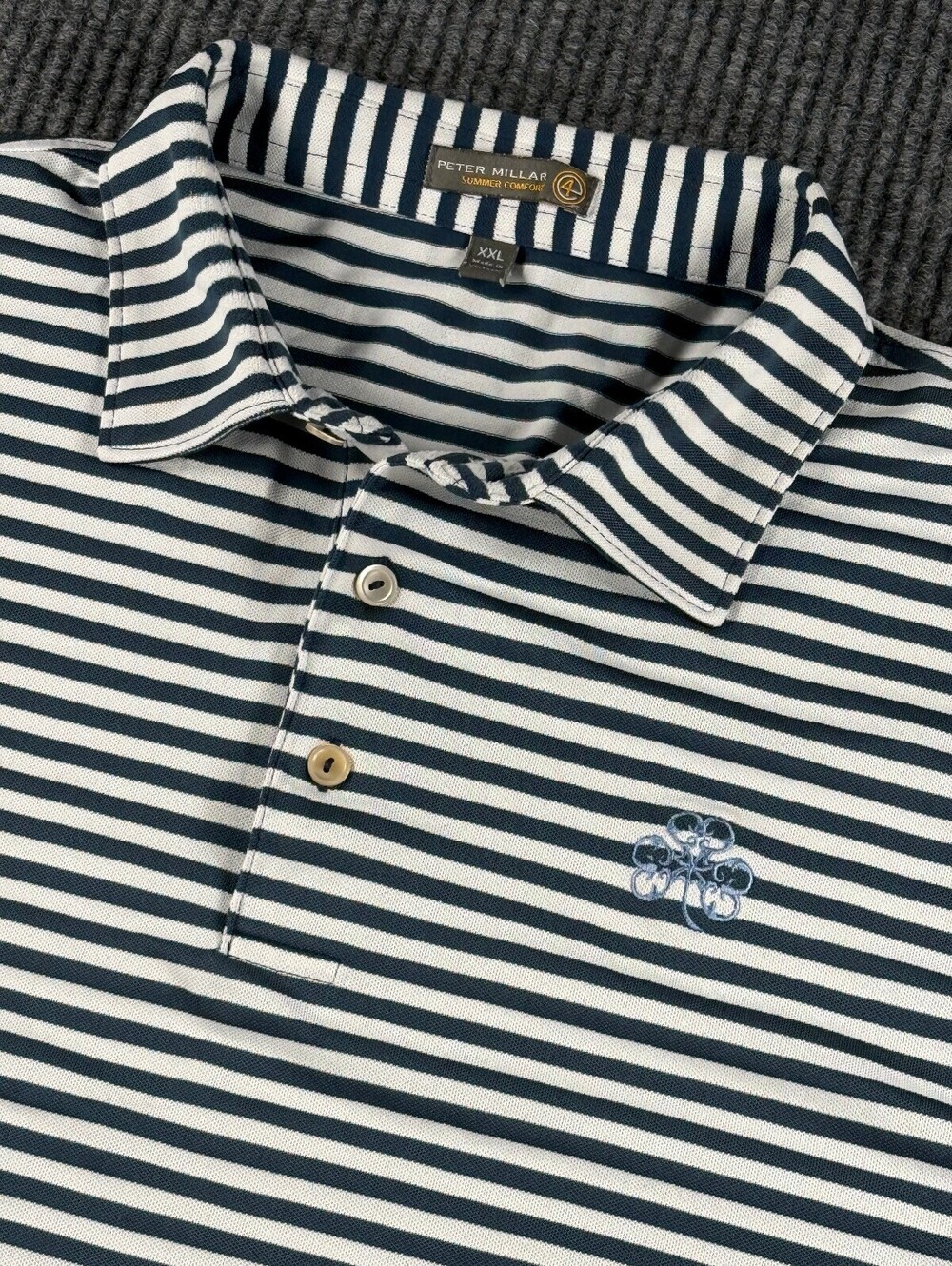 Peter Millar Summer Comfort Golf Polo Men XXL Navy White Striped Erin Hills Logo